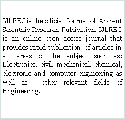 Text Box: IJLREC is the official Journal of  Ancient Scientific Research Publication. IJLREC is an online open access journal that provides rapid publication  of articles in all areas of the subject such as: Electronics, civil, mechanical, chemical, electronic and computer engineering as well as  other relevant fields of Engineering. 